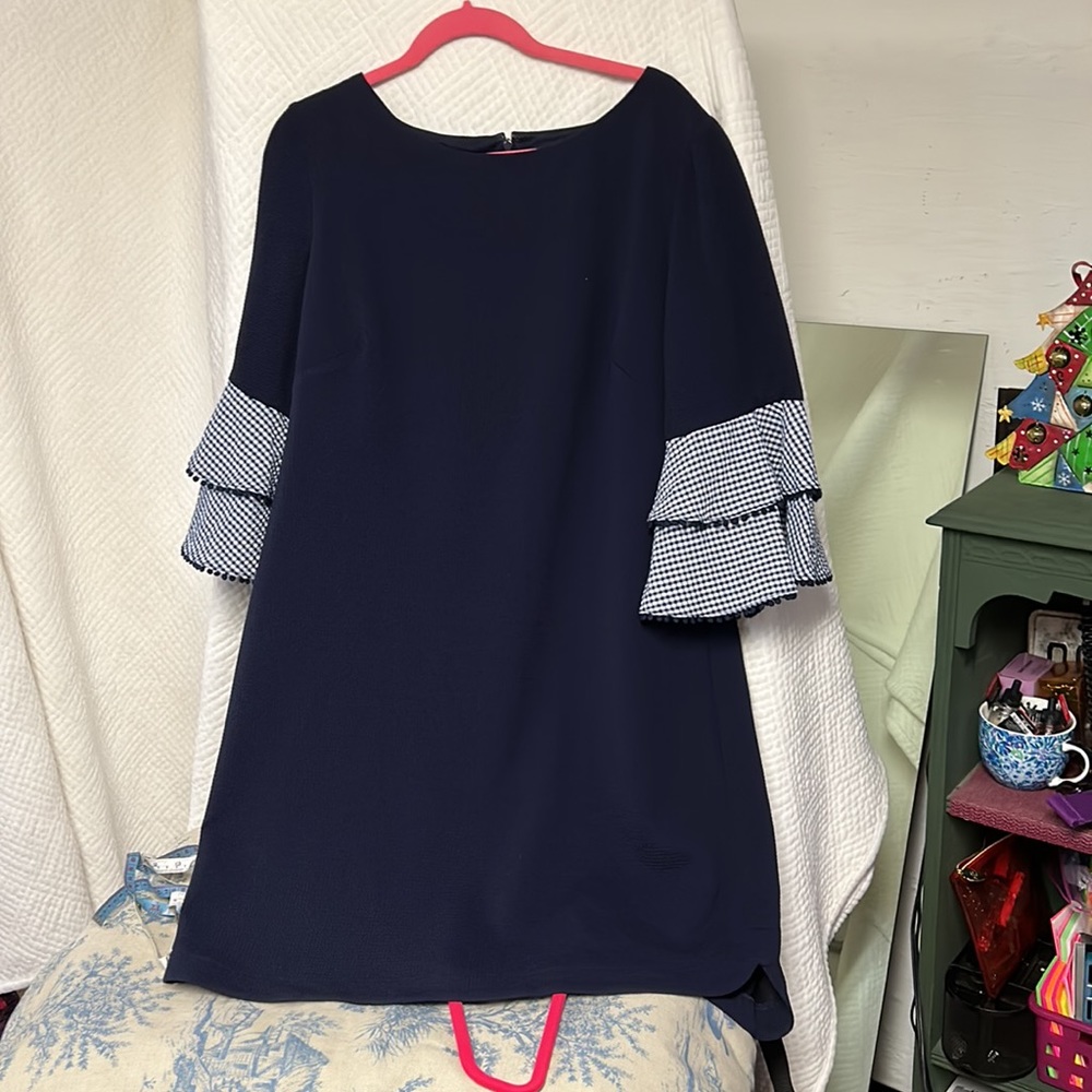 Chicos 3 navy lined dress plaid sleeves